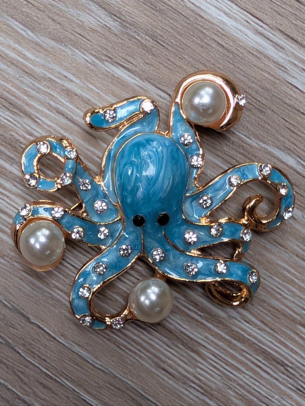 Swirled Blue Enamel Octopus Statement Brooch With Large Faux Pearl Accents